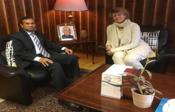 H.E. Mr. Krishan Kumar, Ambassador of India to Norway, meeting with Ms. Ann Kristin Ulrichsen, the representative from Norway who has been selected by the Government of India to participate in the Kumbh Mela to be held in Prayagraj, U.P., India, from Feb 21-23, 2019